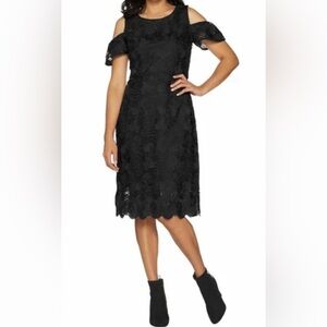 Isaac Mizrahi Live Black Floral Lace Cold Shoulder Sheath Midi Dress Size 14